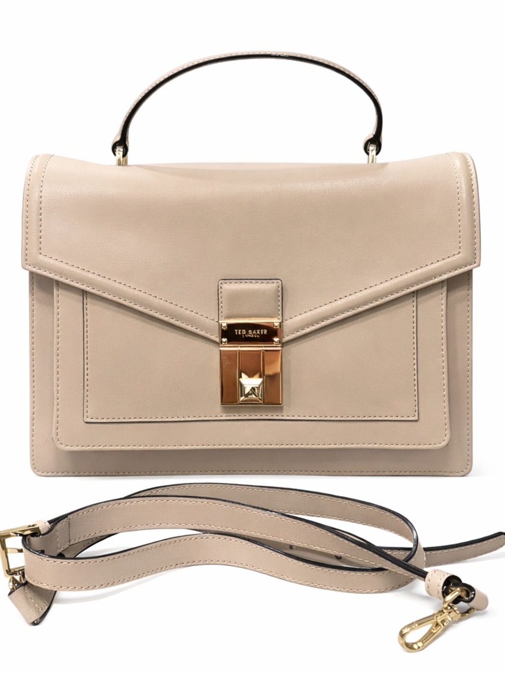 Ted Baker Kimmba Taupe Leather Satchel Top Handle Gold Lock + Strap NEW - Picture 6 of 7